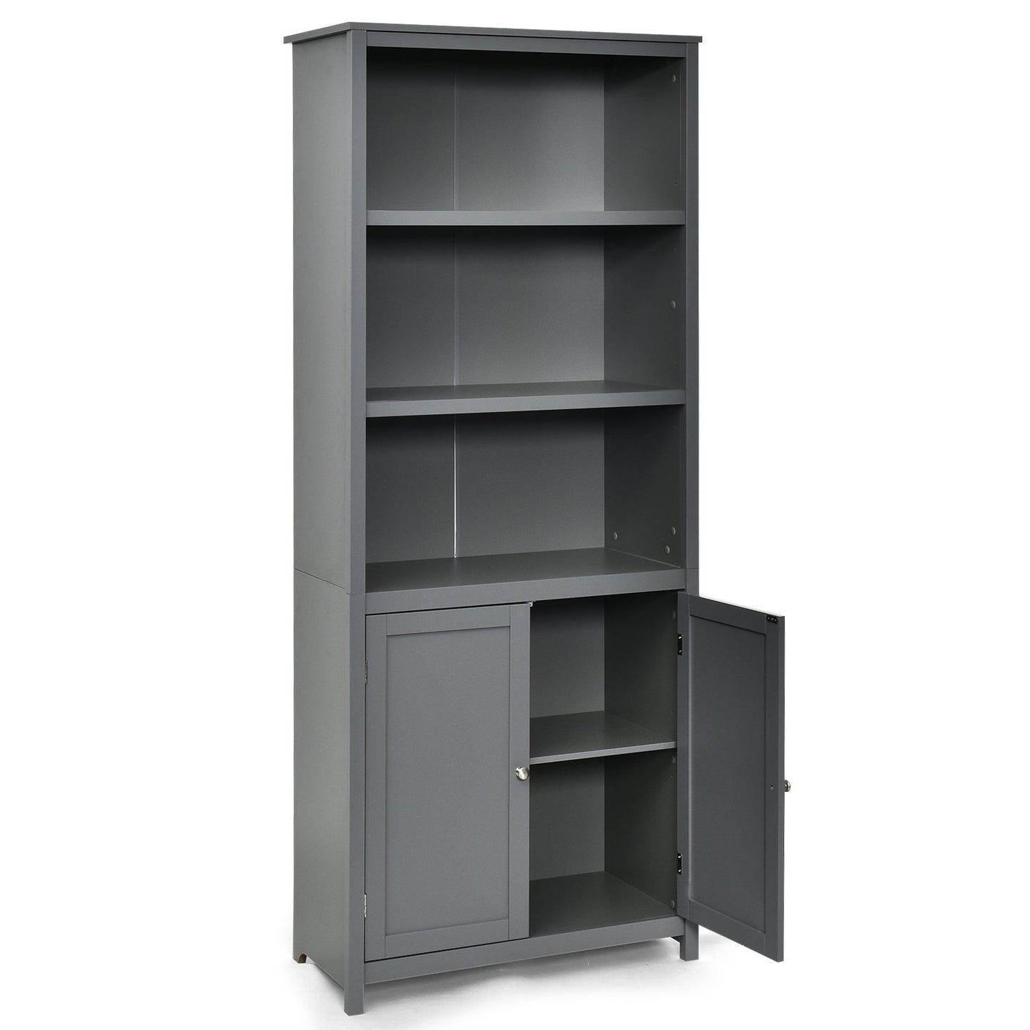 3-Shelf Bookcase with Double Doors & Adjustable Shelves & Cabinet-Grey