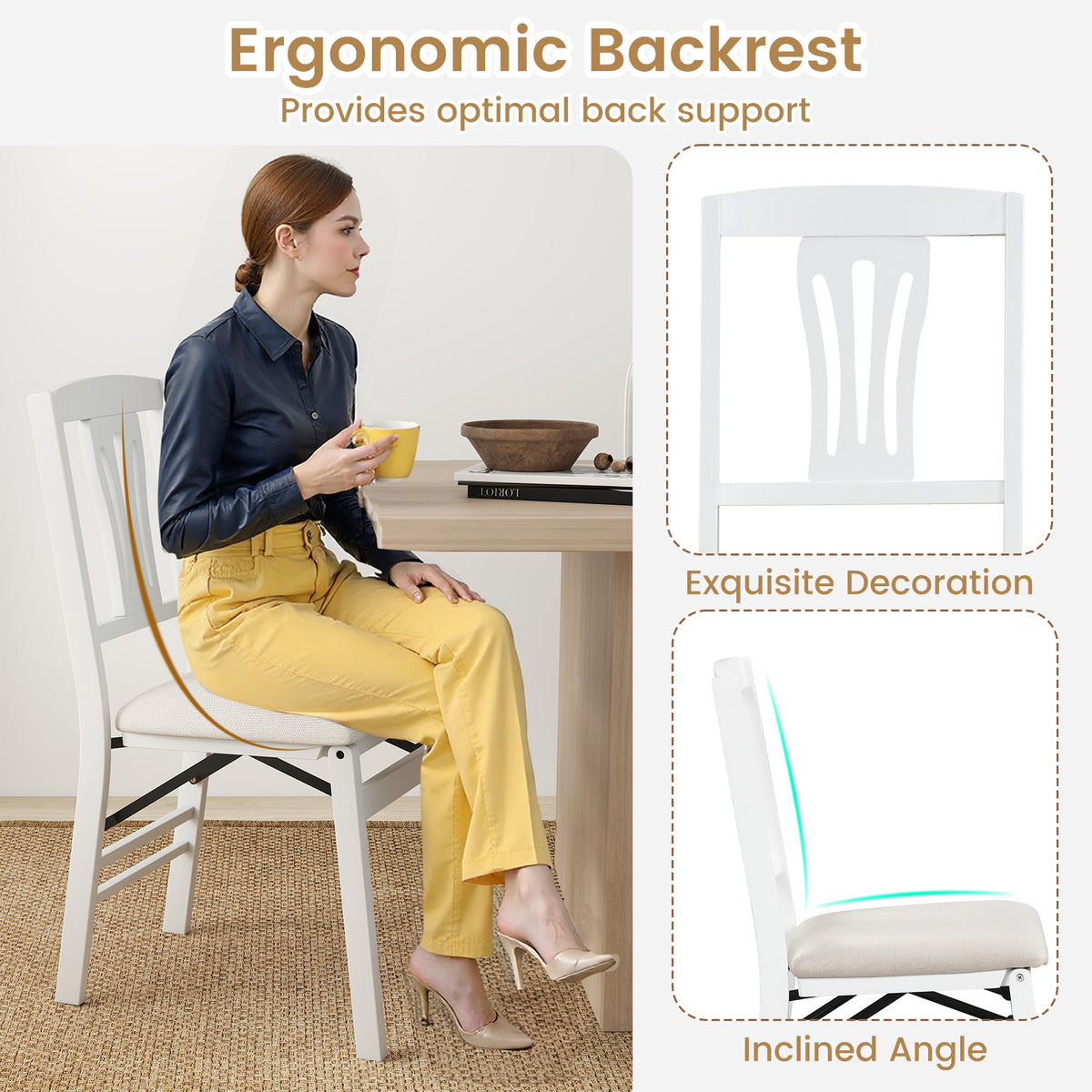 Set of 2 Folding Dining Chairs with Soft Padded Seat and Hollow-out Backrest-White