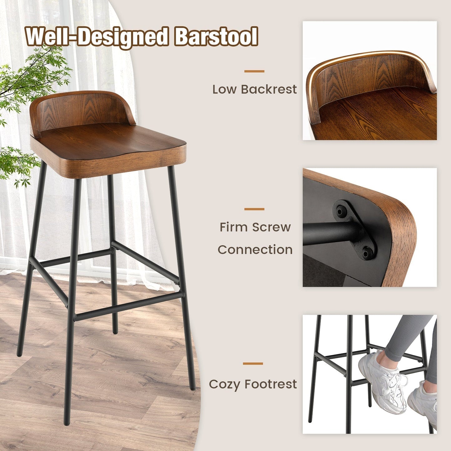 Set of 1/2 29 Inch Industrial Bar Stools with Low Back and Footrests-Set of 2