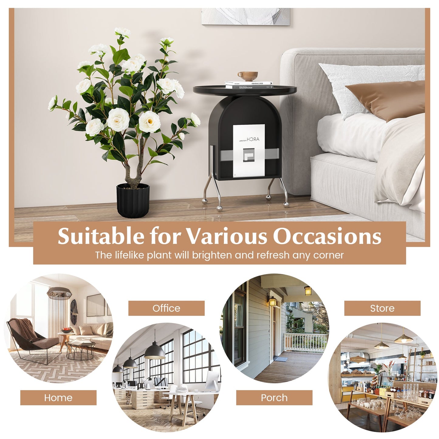 1/2 Pieces 95cm Artificial Camellia Tree with Flowers and Rain-Flower Pebbles-White-2 Pieces