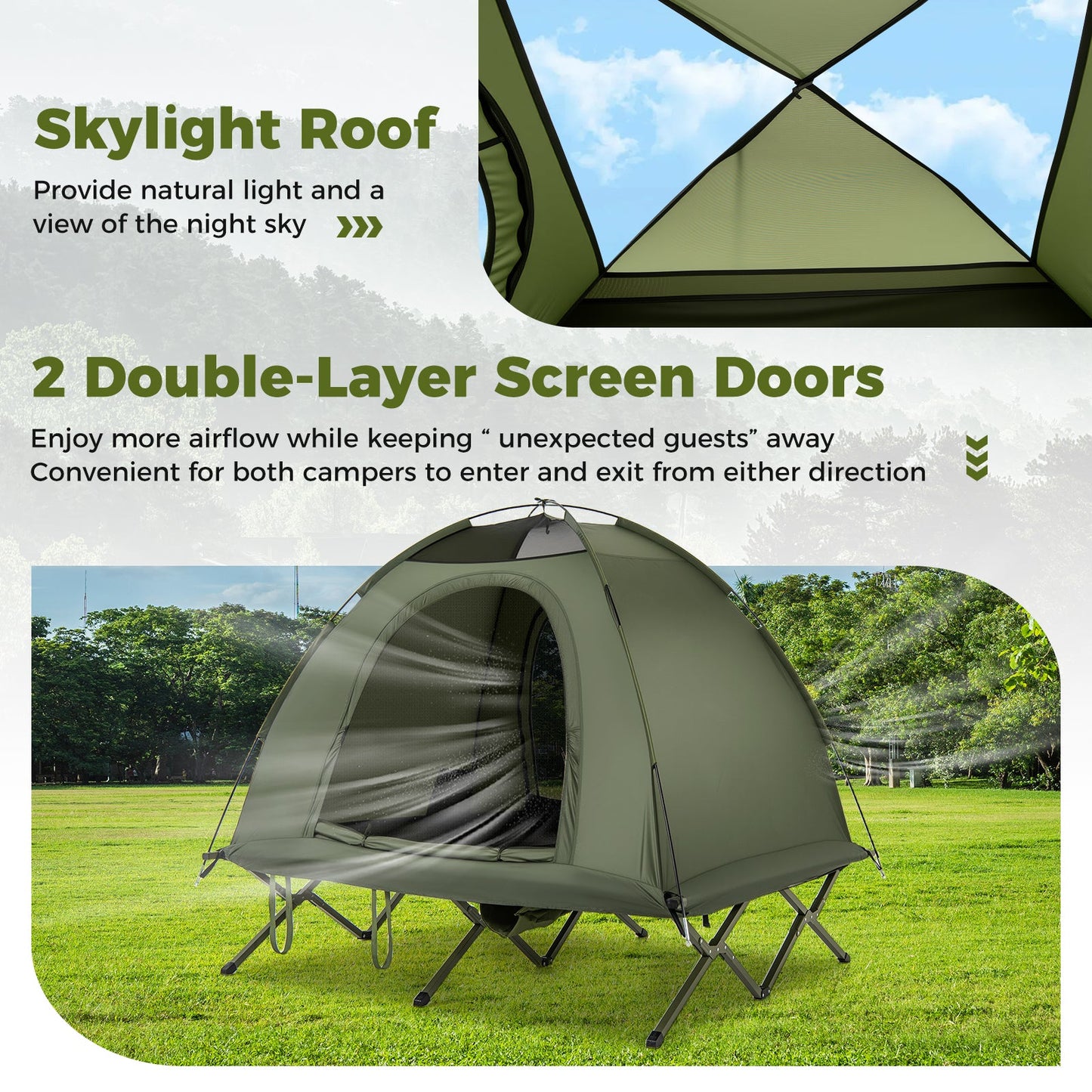 2-Person Camping Cot Tent Foldable Off-Ground Camping Combo for Adults-Green