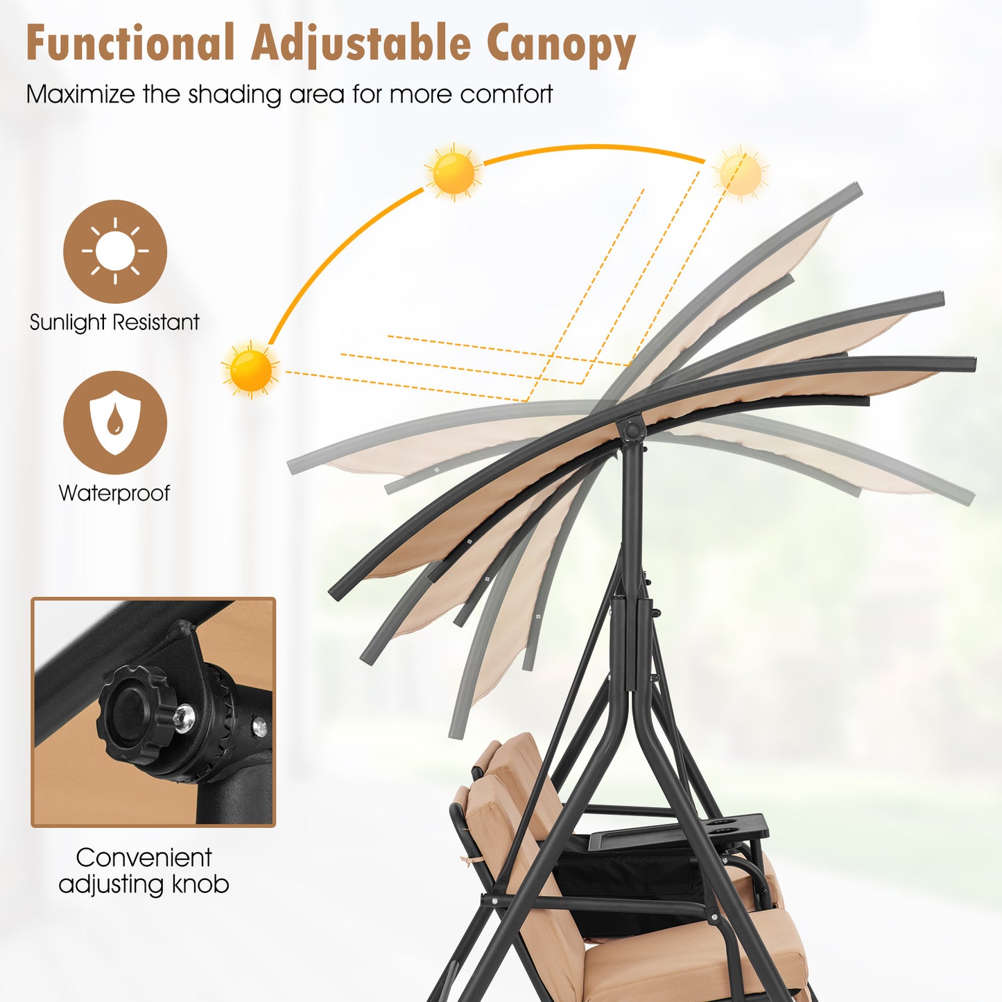 2 Person Outdoor Porch Swing with Canopy and 23L Cooler Bag-Brown