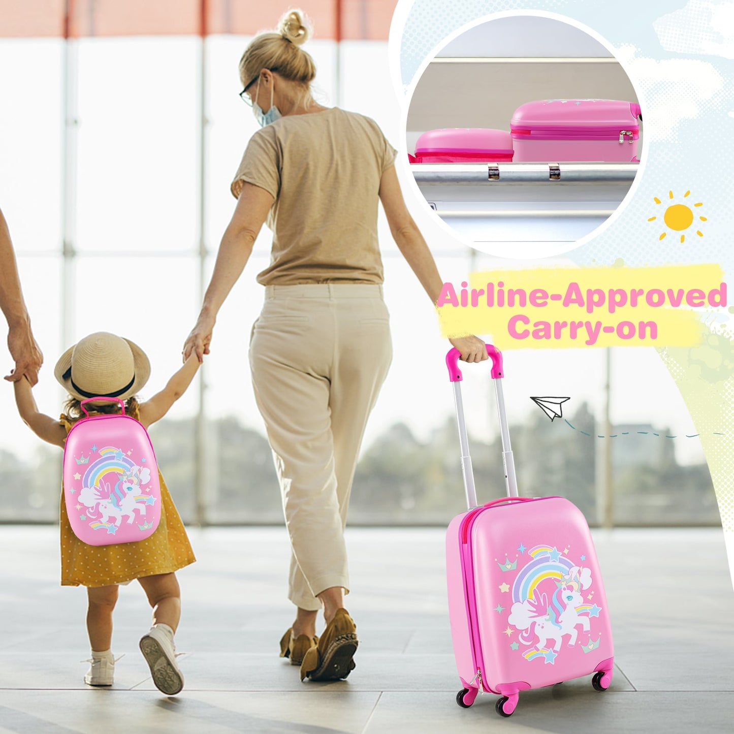 2 Pieces Kids Luggage Set with Wheels and Height Adjustable Handle-Rose