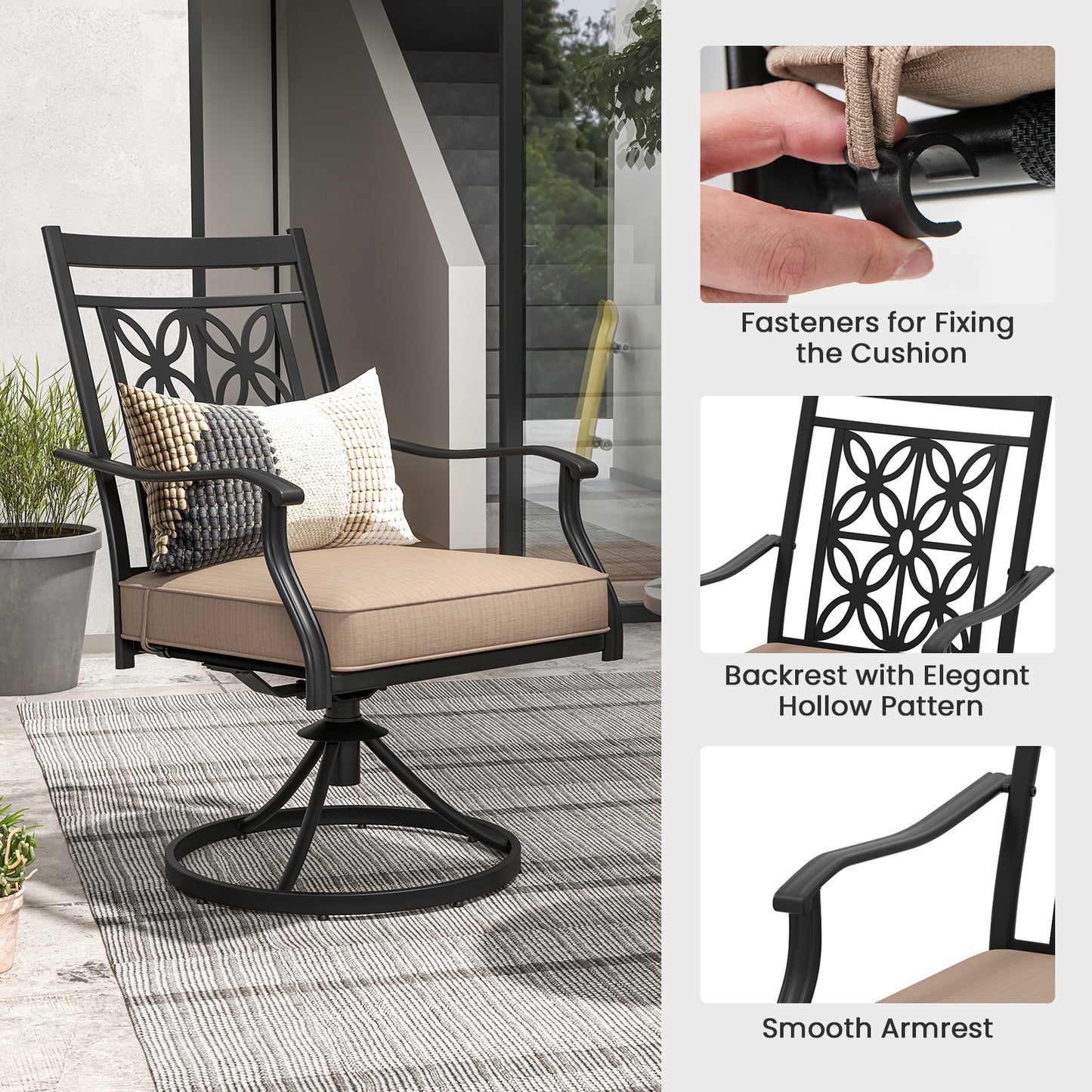 2 Pieces Outdoor Bistro Dining Chair Set Swivel Chairs with Blossom Pattern Backrest-Khaki