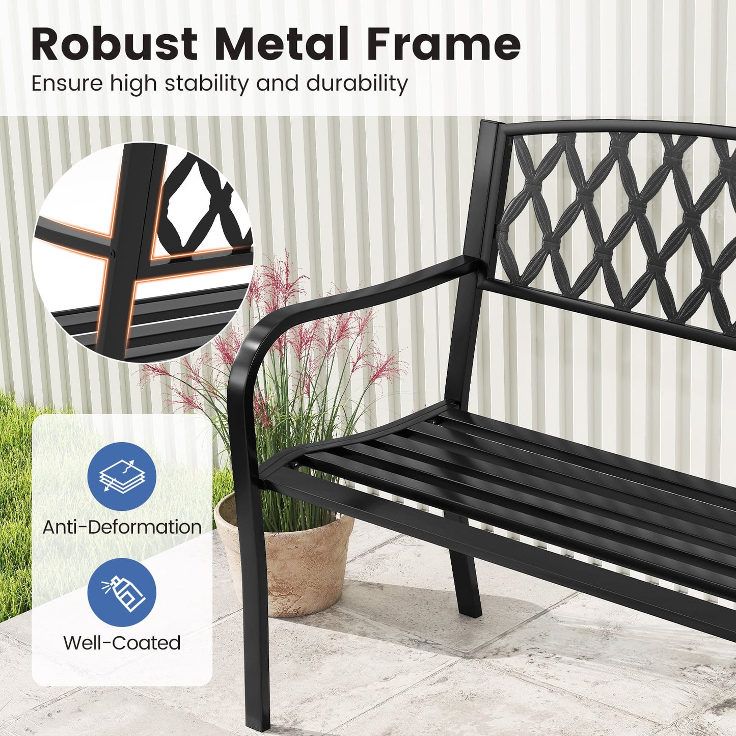 2-Seater Heavy-Duty Metal Garden Bench with Curved Seat and Armrests-Black