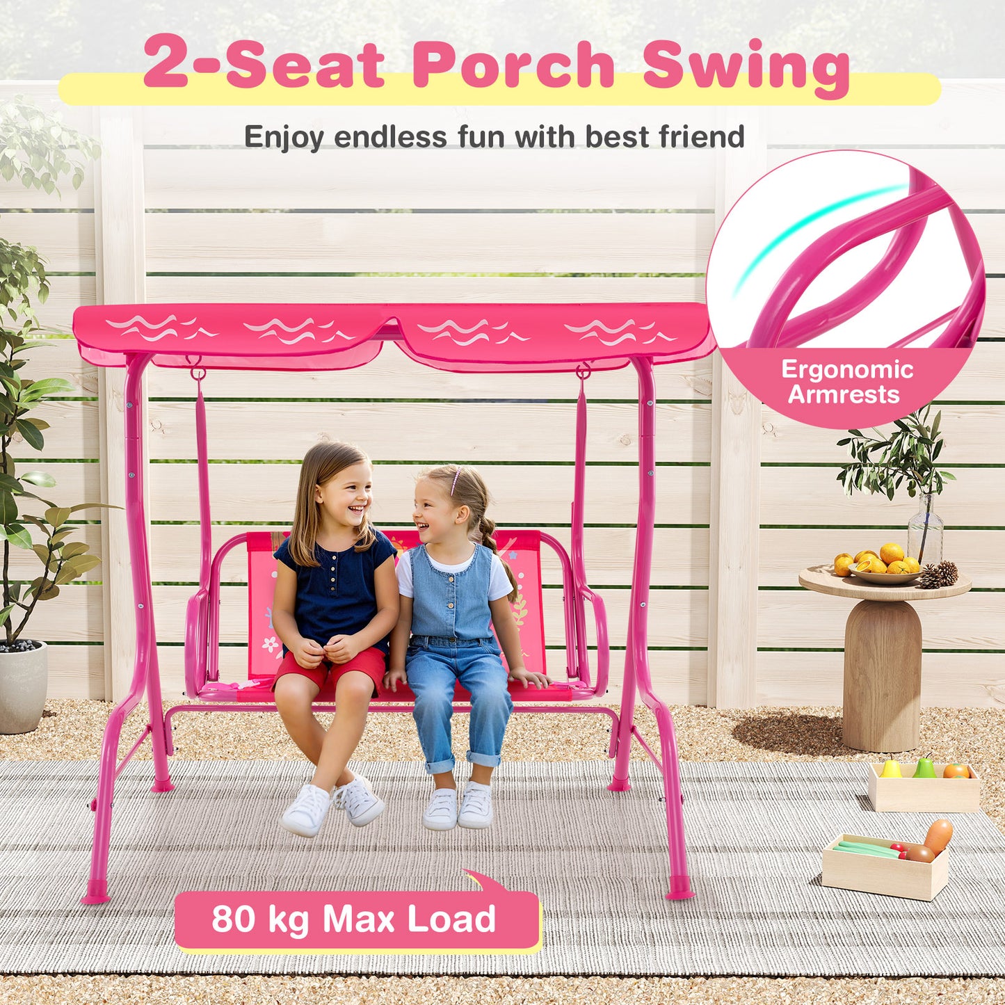 2-Seater Kids Patio Swing Chair with Adjustable Canopy and Safety Belt-Pink