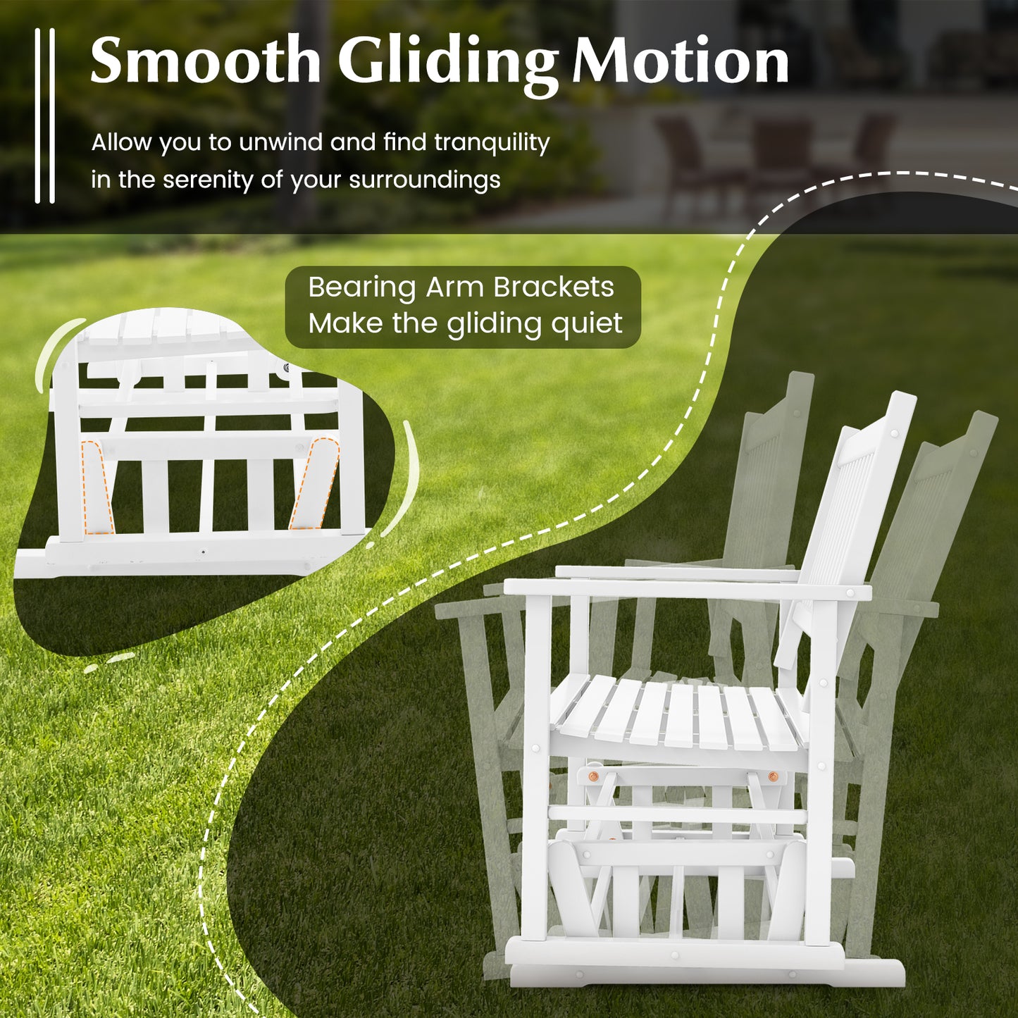 2 Seats Outdoor Glider Bench with Armrests and Slatted Seat-White
