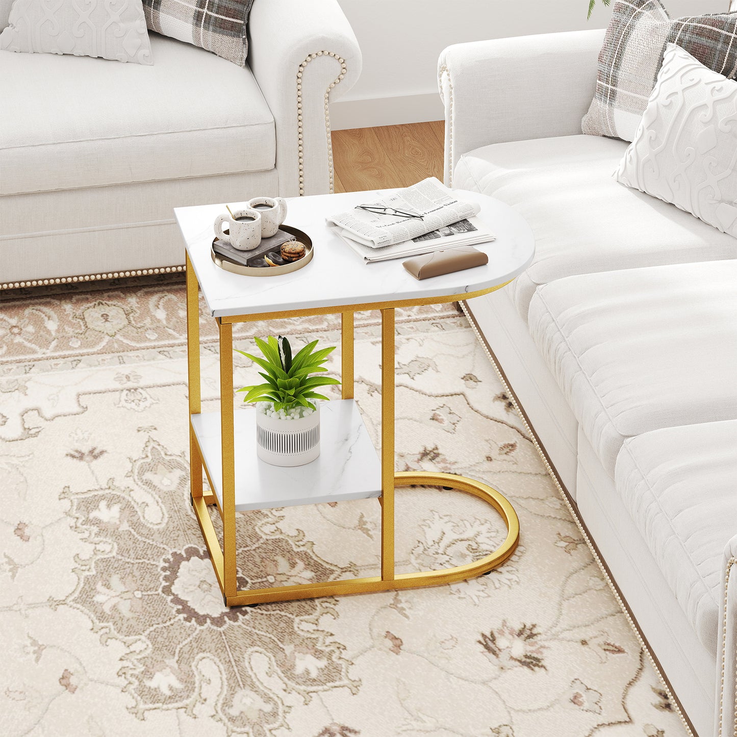 2-Tier C-shaped End Table Modern Sofa Side Table with Metal Frame-White