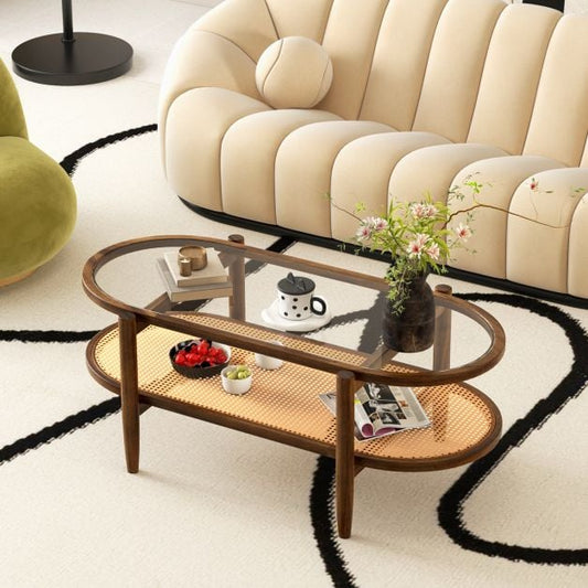 Coffee table side table with glass table top & rattan shelf 102 x 56 x 47 cm brown