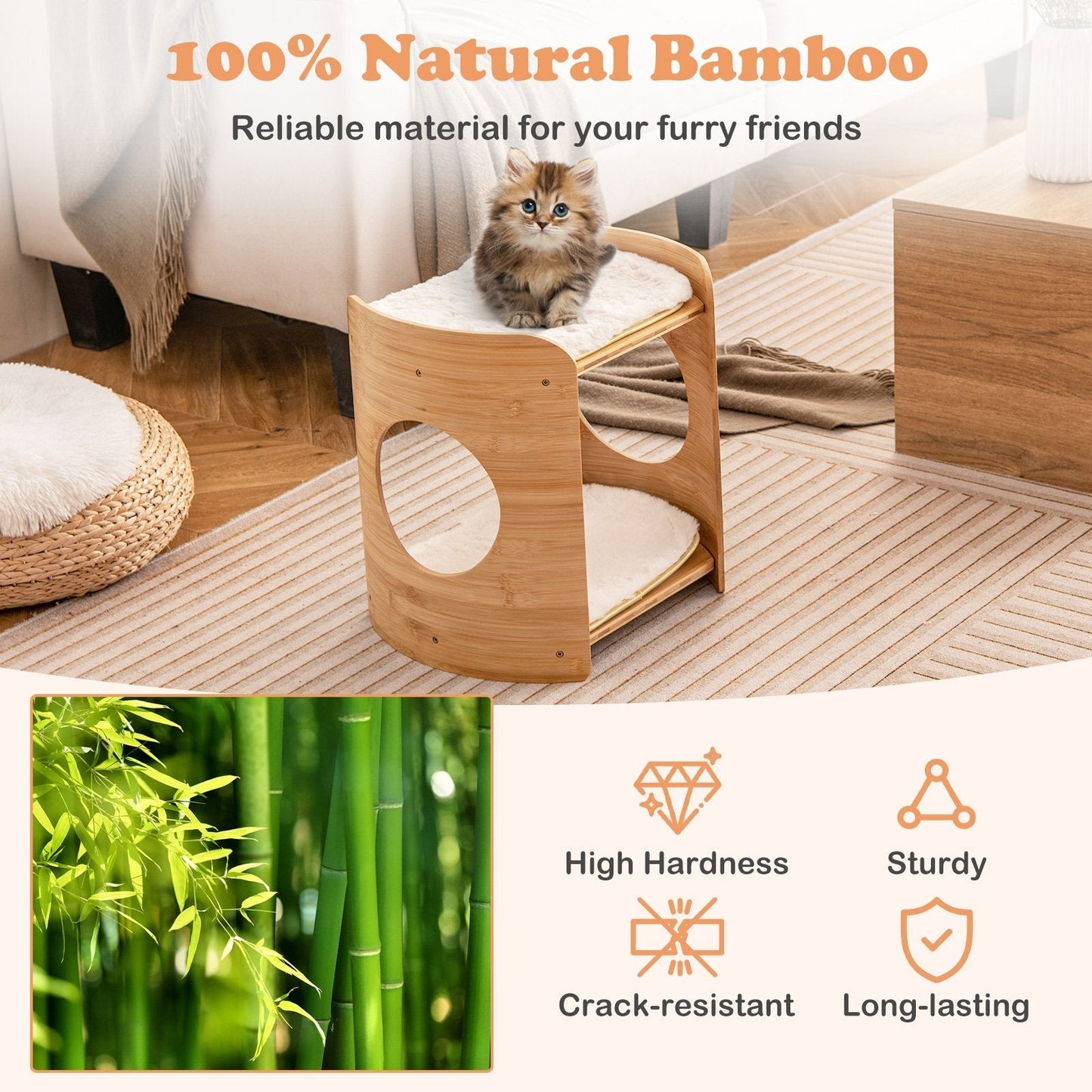 2-Tier Elevated Cat Bed Cat Tower with Natural Bamboo Frame-Natural & White