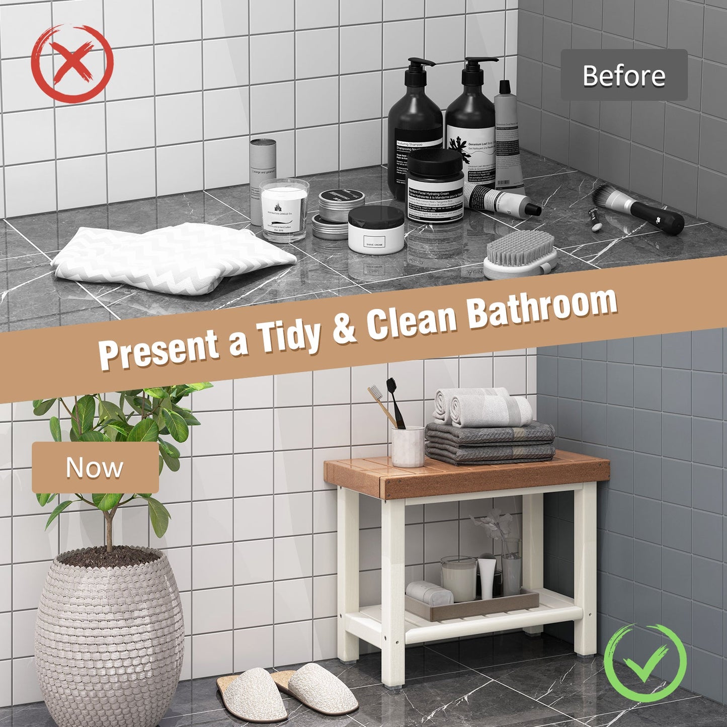 2-Tier HDPE Shower Chair with Storage Shelf and Anti-slip Foot Pads for Bath Spa-Brown