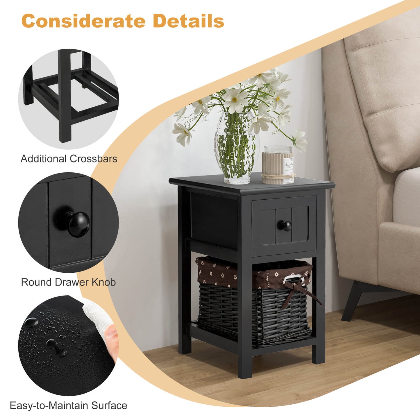 2 Tiers Wood Nightstand with 1 Drawer and 1 Baskets for Home-Black