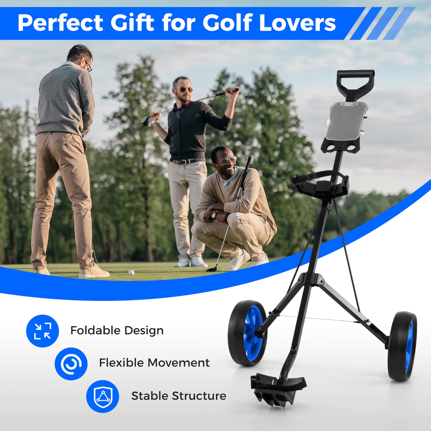 2 Wheels Foldable Golf Cart with Scoreboard-Blue