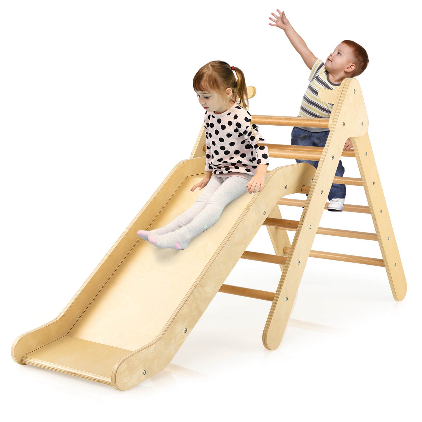 2-in-1 Wooden Triangle Climbing Toy with Gradient Adjustable Slide-Natural