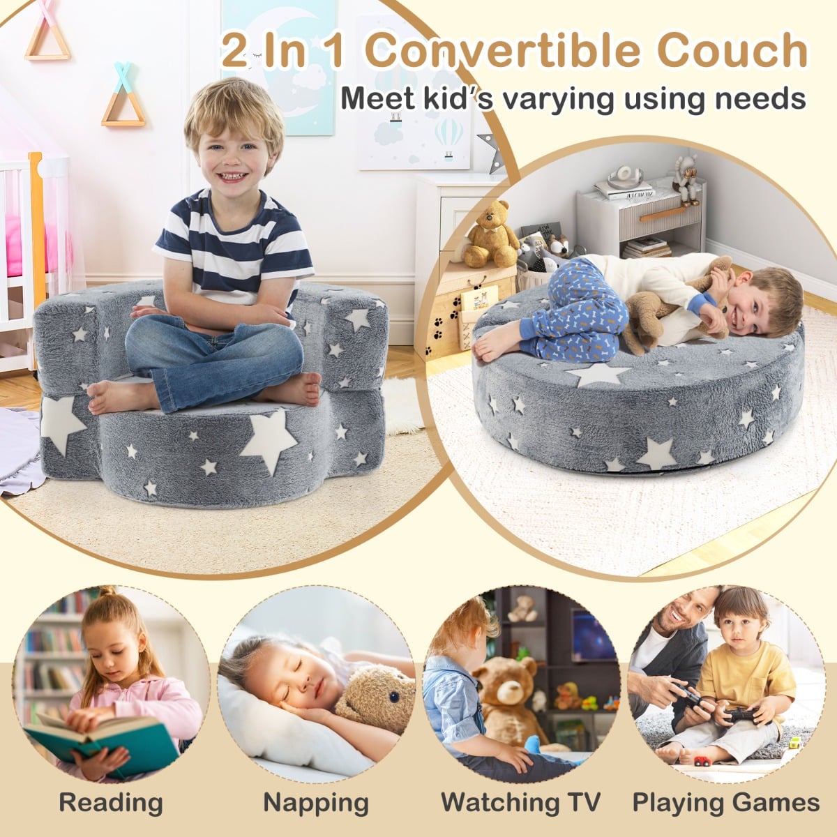2 in 1 Glow in the Dark Sofa for Toddlers with Machine Washable Flannel Cover-Grey