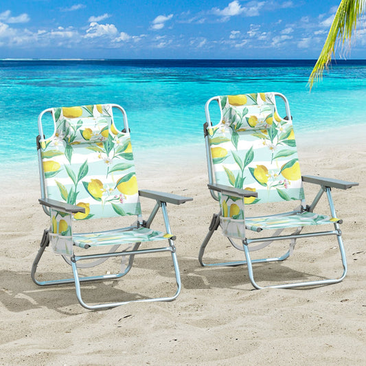 2-Pack Beach Chairs 5-Position Adjustable Folding Chair with Towel Bar-Green