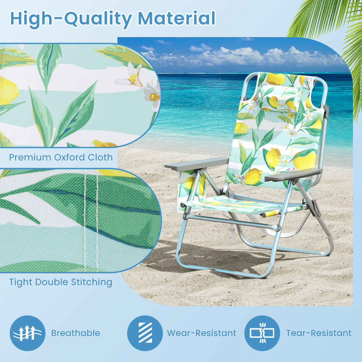 2-Pack Beach Chairs 5-Position Adjustable Folding Chair with Towel Bar-Green
