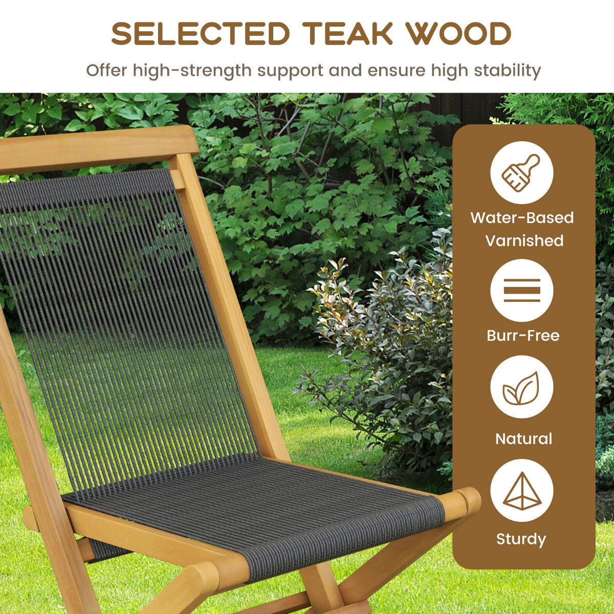 Solid Teak Wood Dining Chairs with Woven Rope Seat and Quick-Folding Portable Design