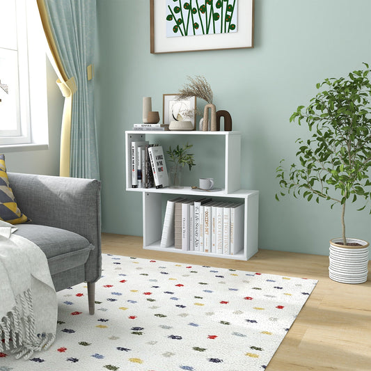 Irregular Wooden Bookshelf with 2 Compartments for Home Office-White