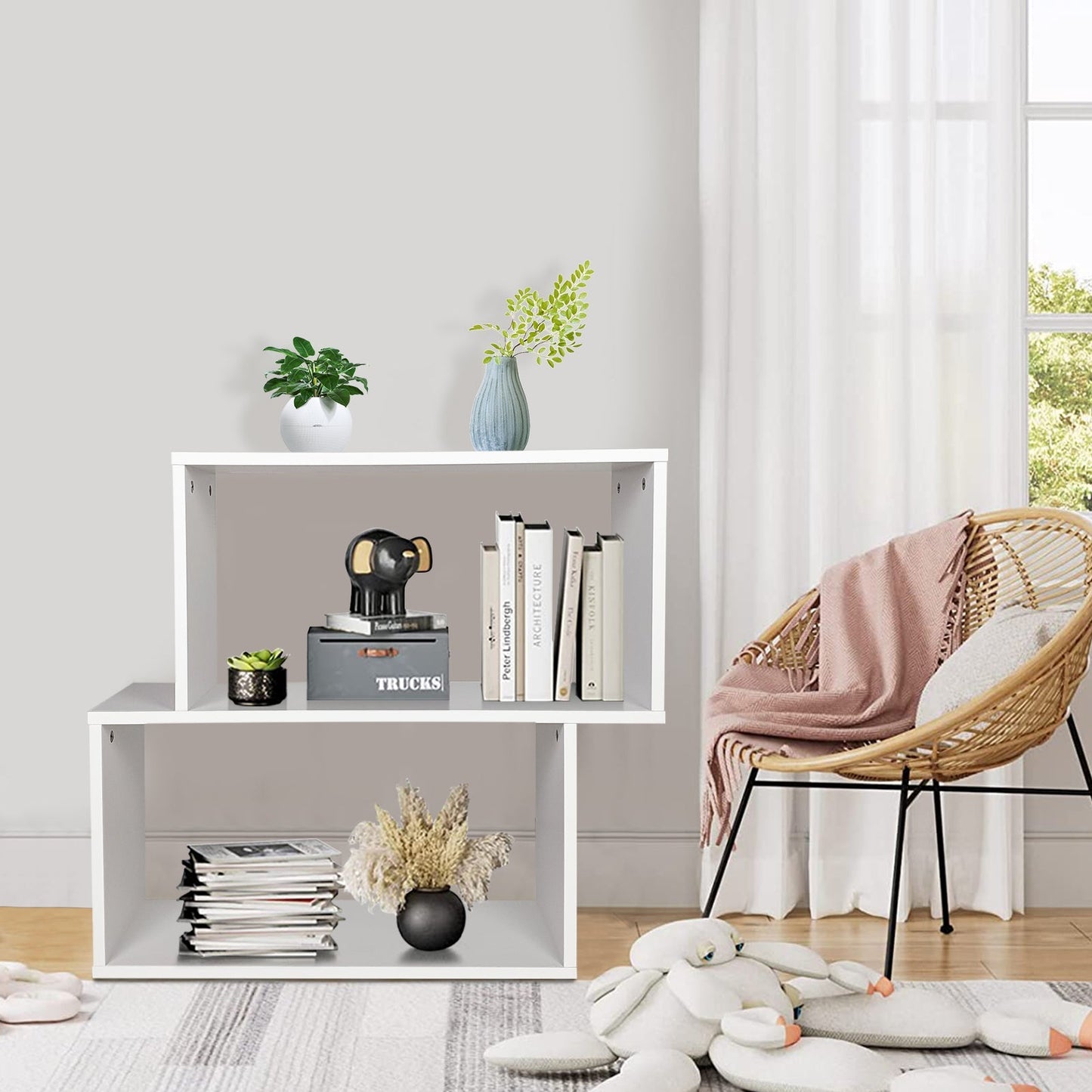 Irregular Wooden Bookshelf with 2 Compartments for Home Office-White