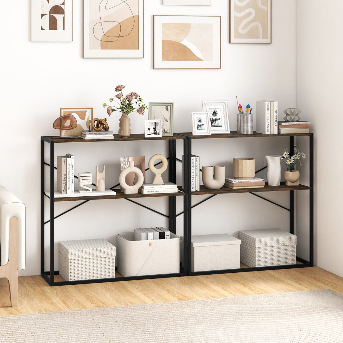 2-Tier Entryway Table with Marble Textured Open Shelves and Metal Frame-Rustic Brown