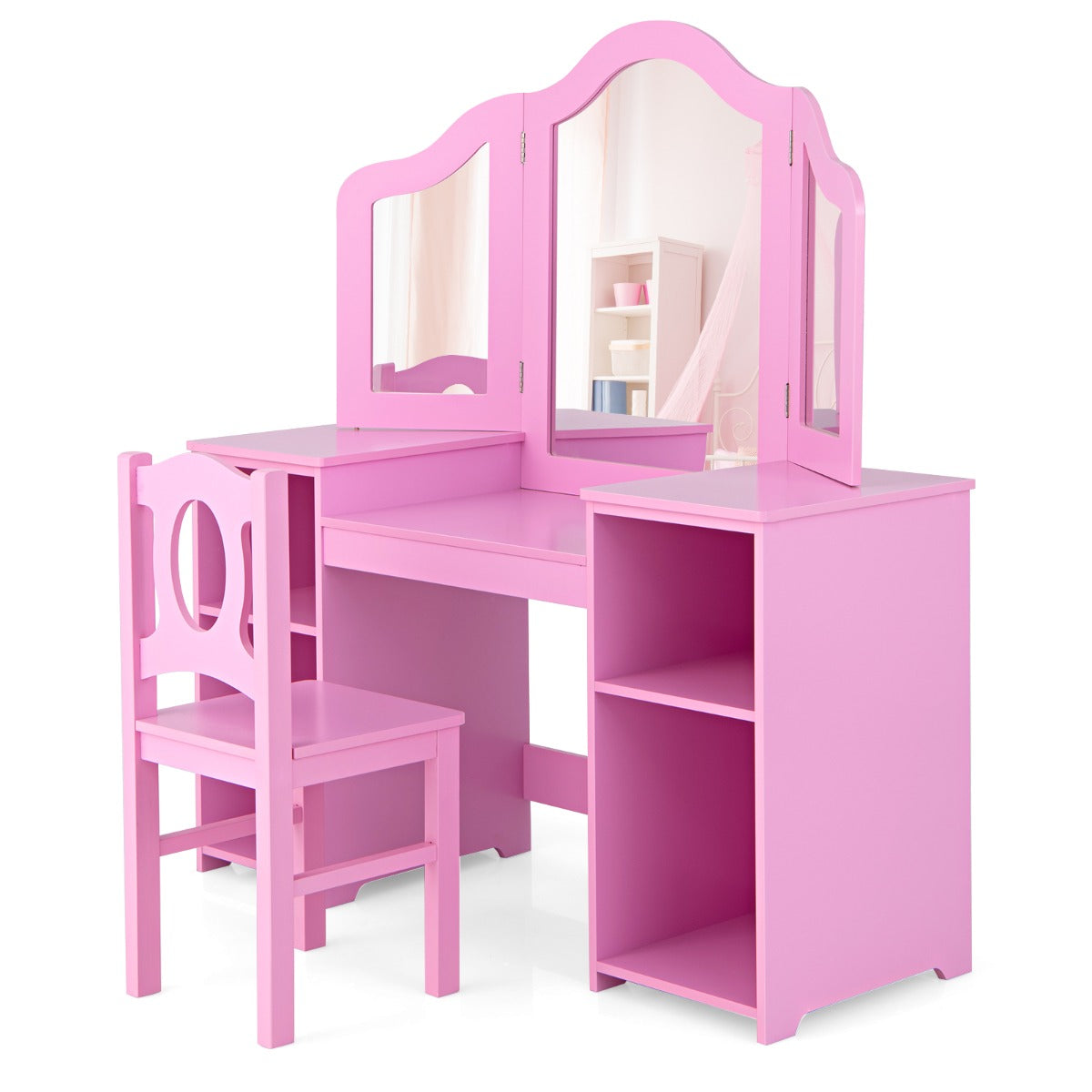 Kids Makeup Desk and Chair Set with Tri-Folding Detachable Mirror