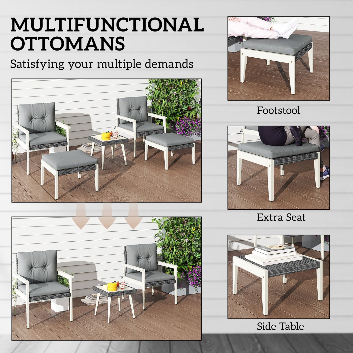 Outsunny Five-Piece Rattan Patio Set, with Wood-Top Table - Grey