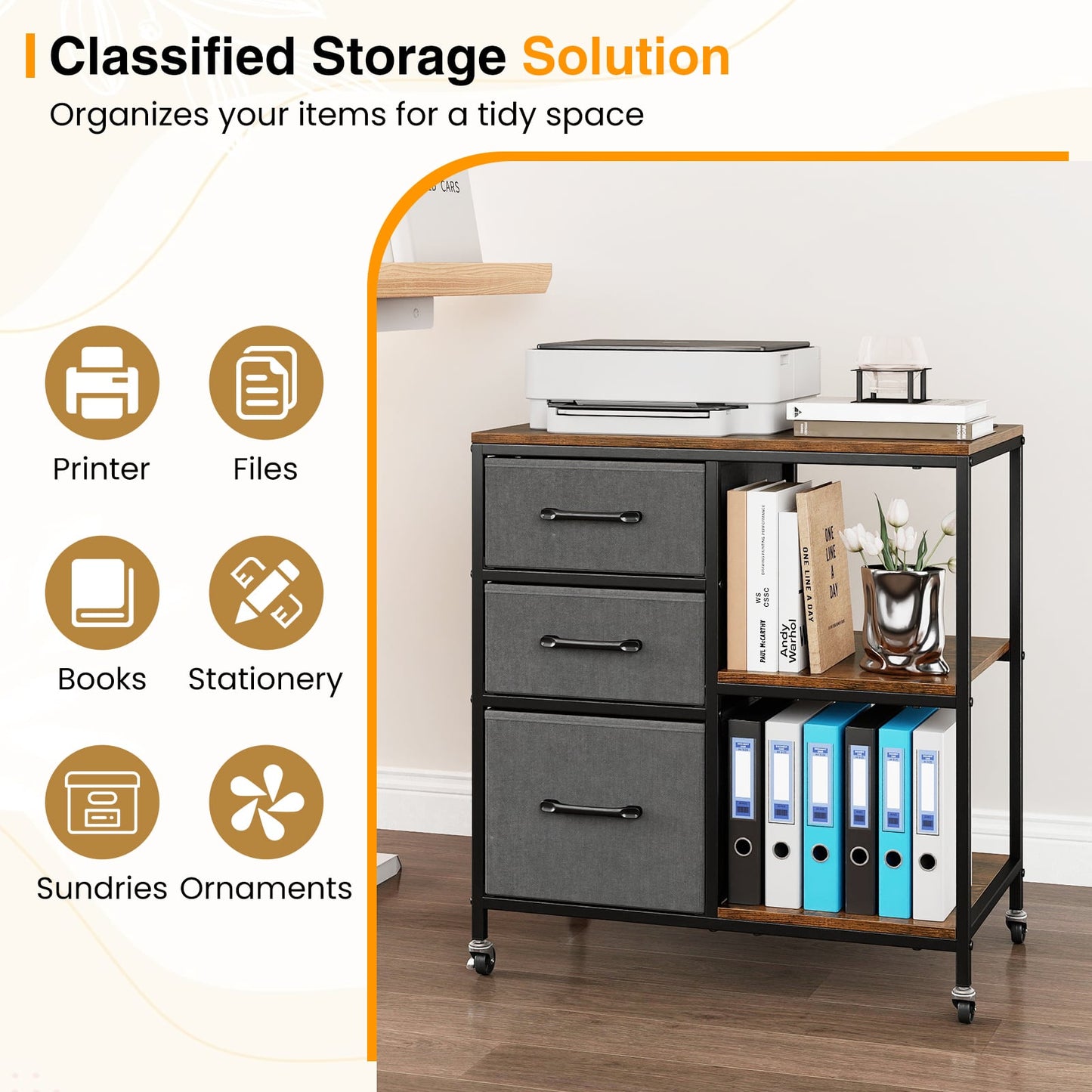 3 Drawer Wooden Mobile File Cabinet with Open Storage Shelves-Rusticbrown
