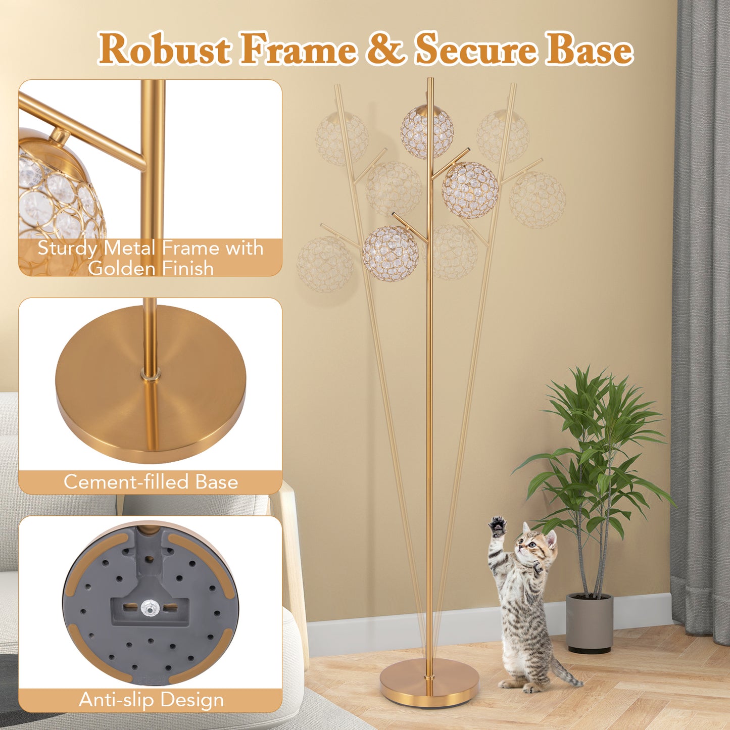 3-Globe Floor Lamp with Foot Switch and 3 E27 Bulb Bases-Golden