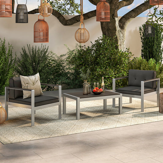 3-Piece Aluminum Patio Set with Cushions for Garden Backyard Poolside-Grey