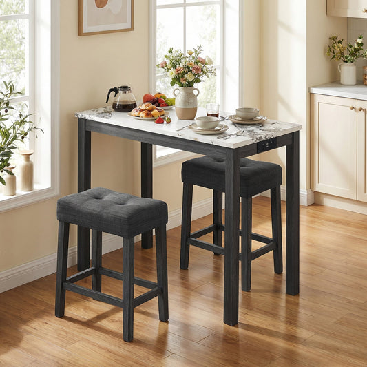 3-Piece Bar Table Set with Charging Station Modern Counter Height Breakfast Table with Faux Marble Top-White
