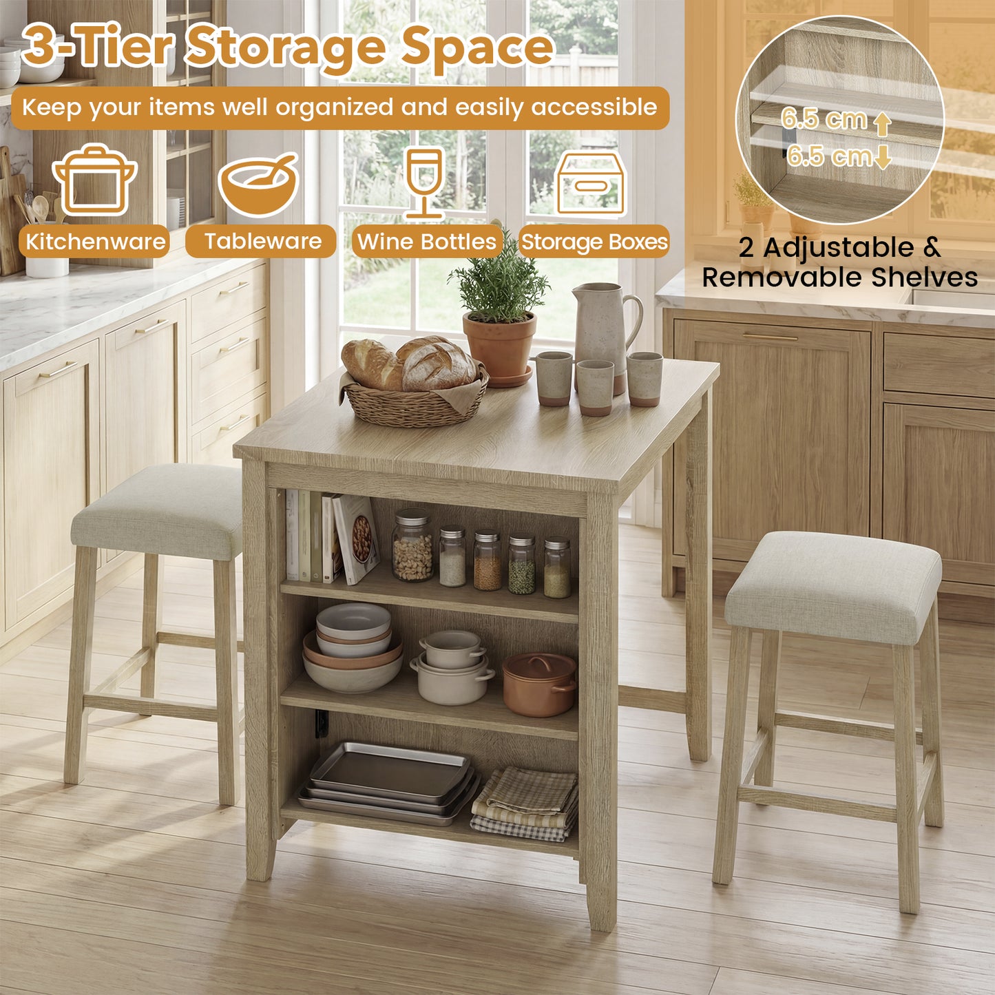 3-Piece Bar Table Set with Power Outlet Counter Height Kitchen Dining Table-Grey