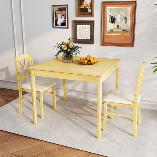 3-Piece Dining Table Set Wooden Square Kitchen Table with 2 Upholstered Chairs for 2 People-Natural