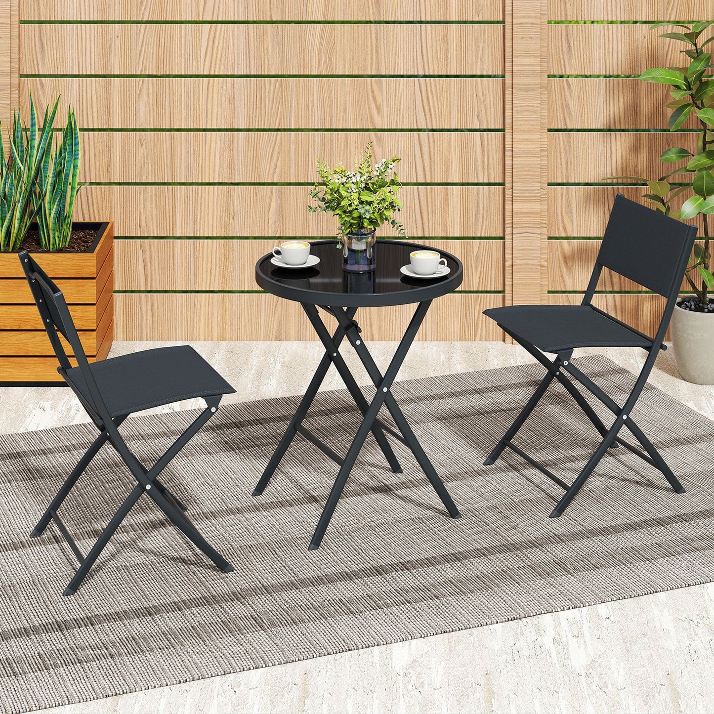 3 Piece Folding Bistro Set Patio Dining Furniture with Breathable Fabric Seat