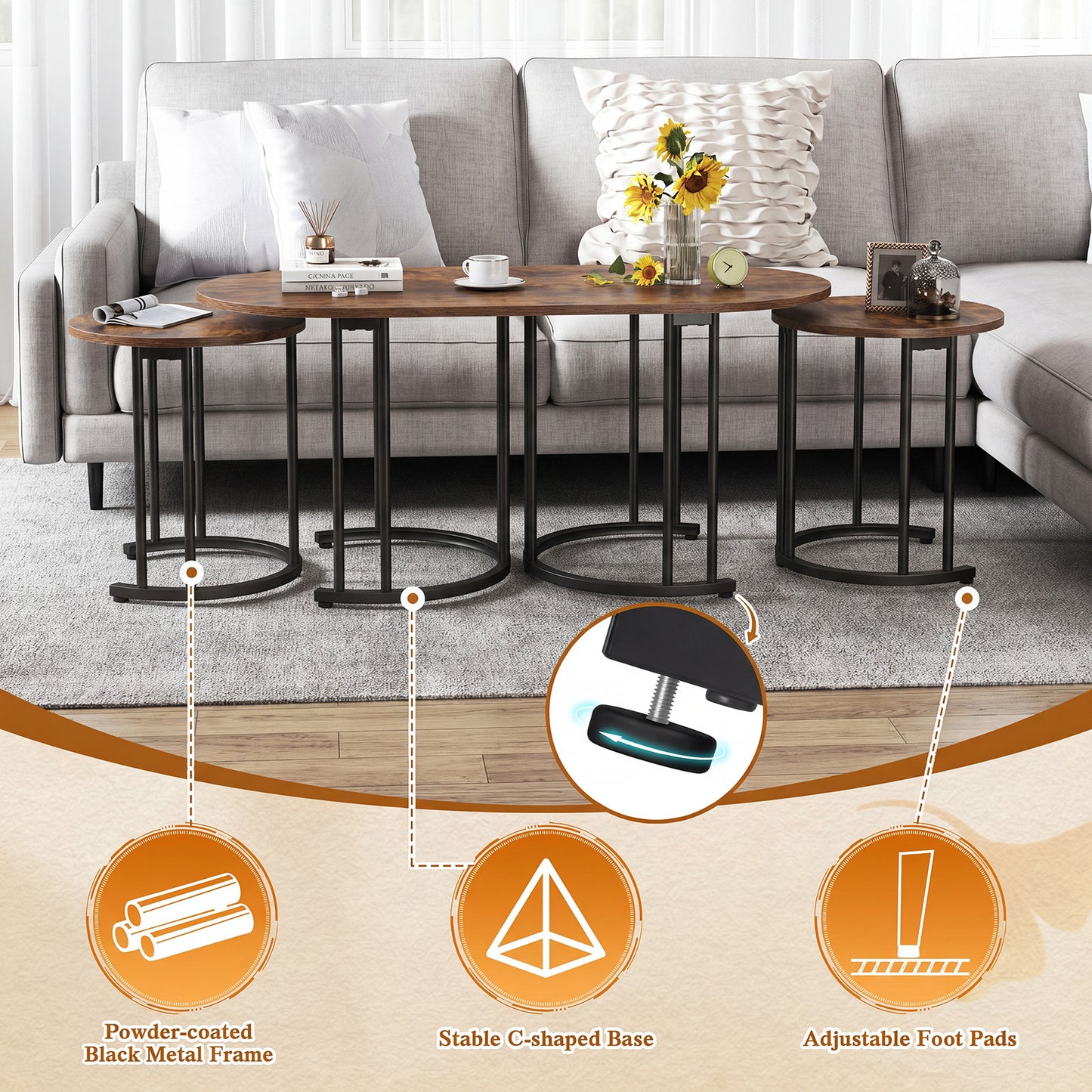 3-Piece Nesting Coffee Table Set 110cm Coffee Table with 2 Side Tables-Rustic Brown