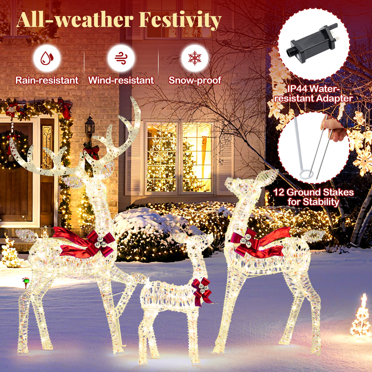 3-Piece Christmas Lighted Iridescent Reindeer Family Set Pre-lit Xmas Deer Family