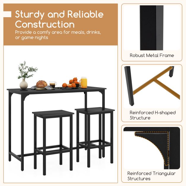 3 Piece Dining Table Set 120CM Industrial Kitchen Table with 2 Bar Stools Rectangular Pub Table and Chairs Black