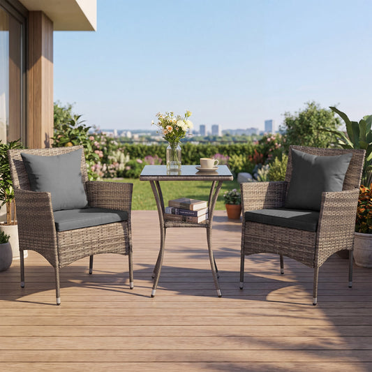 3 Pieces Patio Wicker Bistro Set 2 Rattan Chairs with Double-Tier Tempered Glass Table-Grey