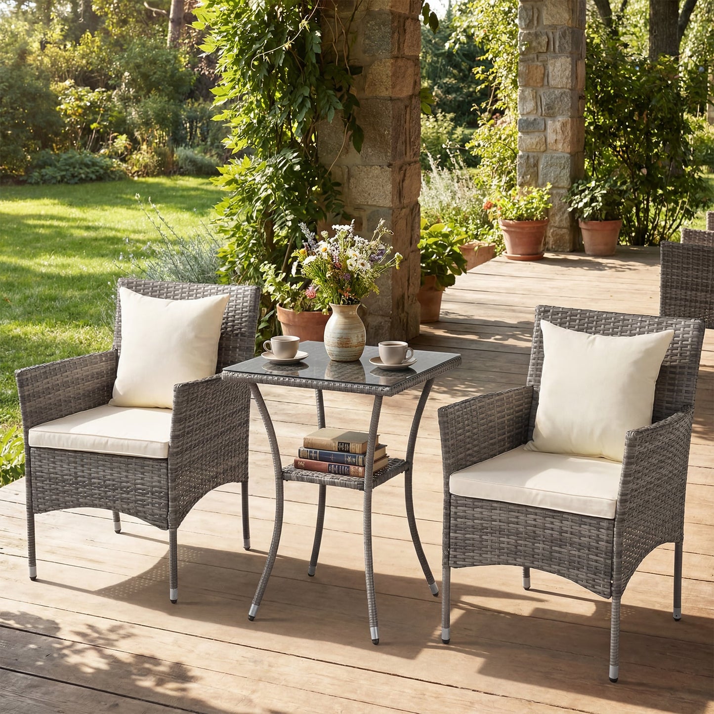 3 Pieces Patio Wicker Bistro Set 2 Rattan Chairs with Double-Tier Tempered Glass Table-Off White