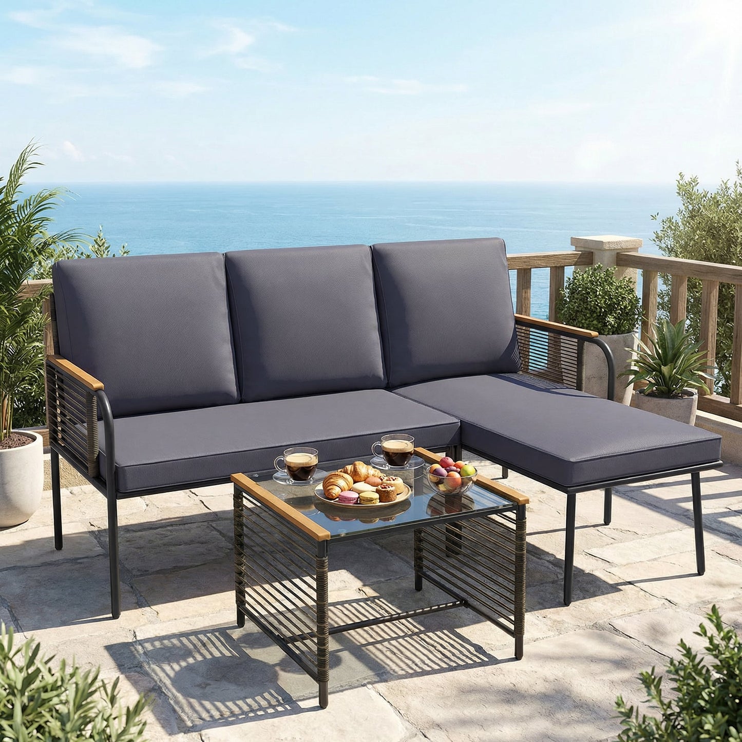 3 Pieces Wicker Furniture Set with Tempered Glass Side Table-Grey