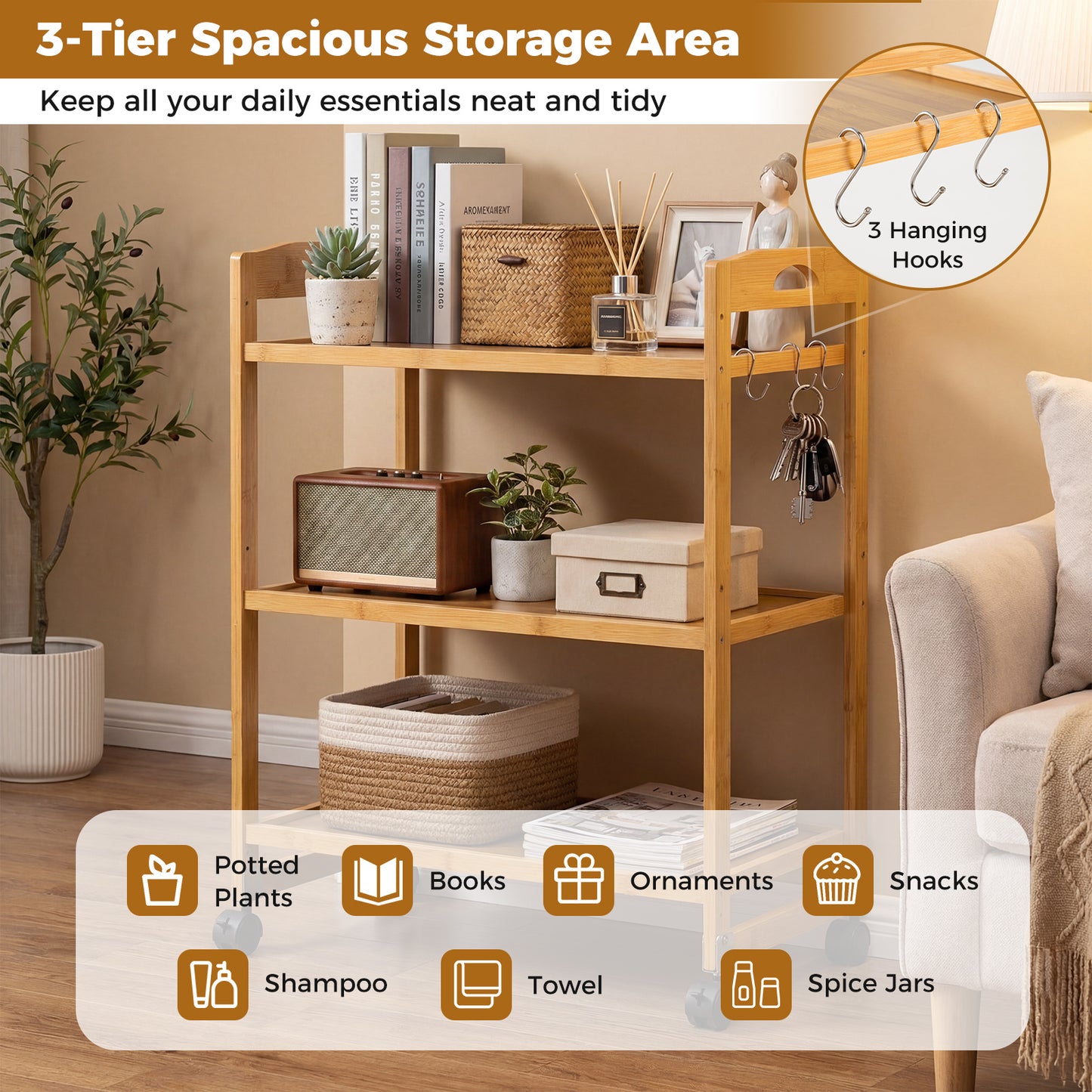 3-Tier Bamboo Rolling Cart with 2 Lockable Wheels and 3 Hooks for Kitchen-Natural