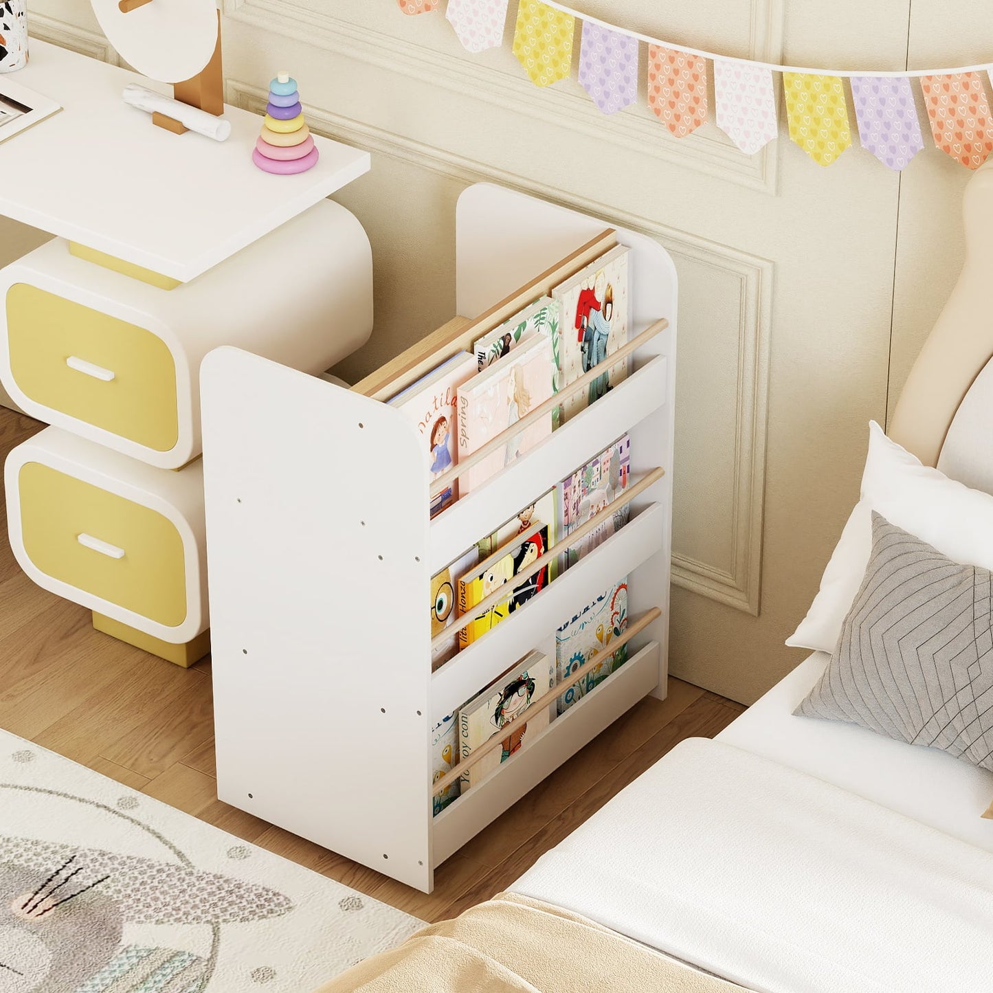 3-Tier Bookshelf for Kids with Wheels Double-sided Book Display-White
