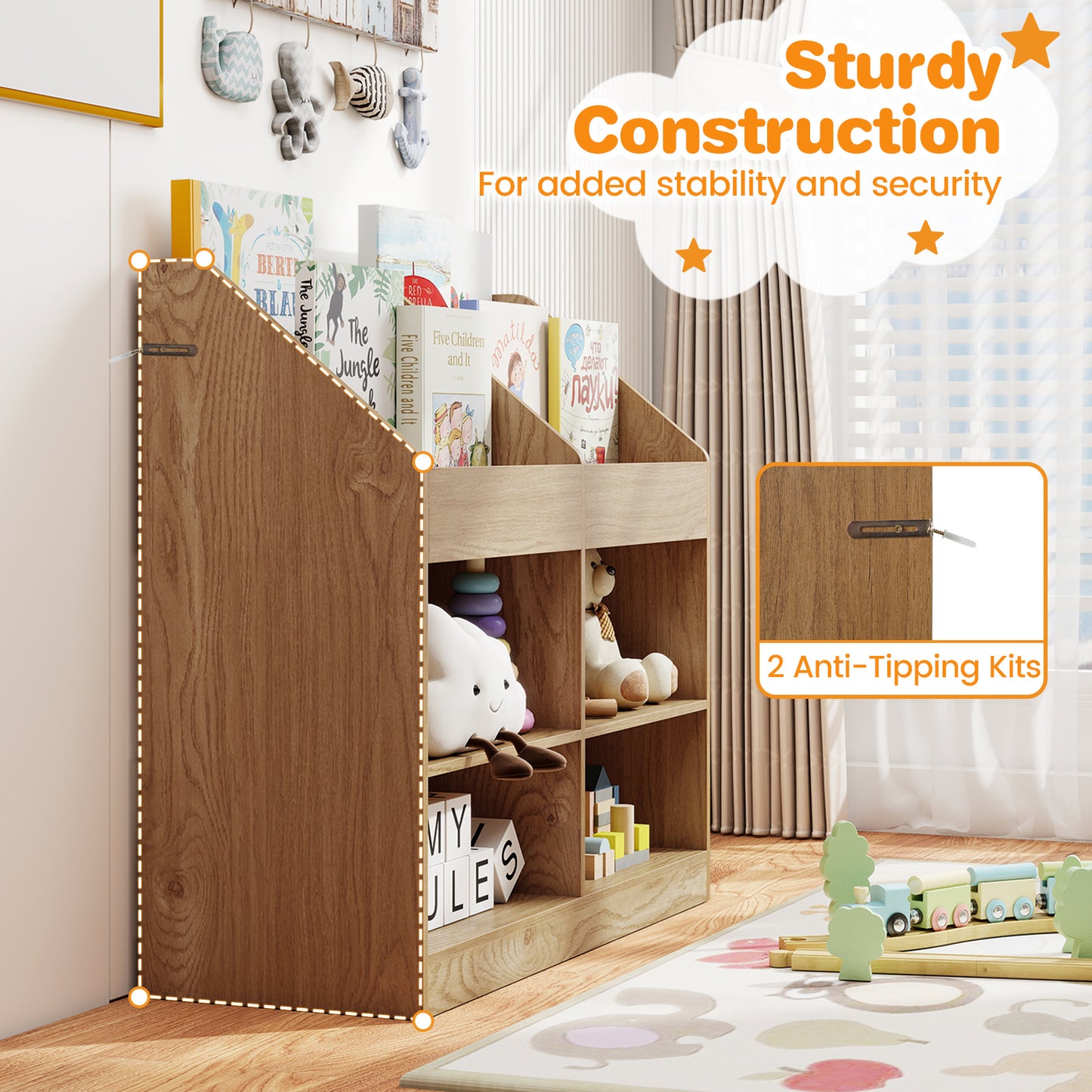 3-Tier Kid's Bookshelf with Display Rack and 4 Compartments for Kids Room-Natrual