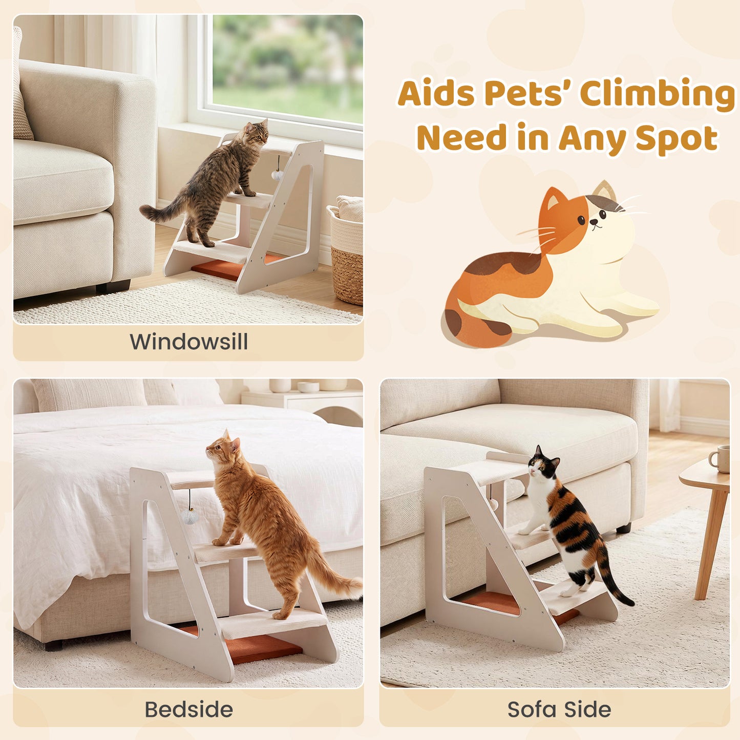 3-Tier Pet Steps for Dogs & Cats w/ Non-Slip Corduroy Surface for Access to Sofa-White