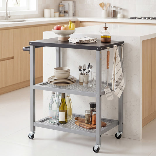3-Tier Rolling Grill Cart with Stainless Top and Hanging Posts for Kitchen-Silver