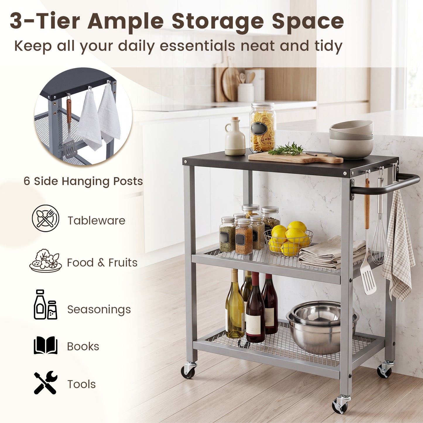 3-Tier Rolling Grill Cart with Stainless Top and Hanging Posts for Kitchen-Silver