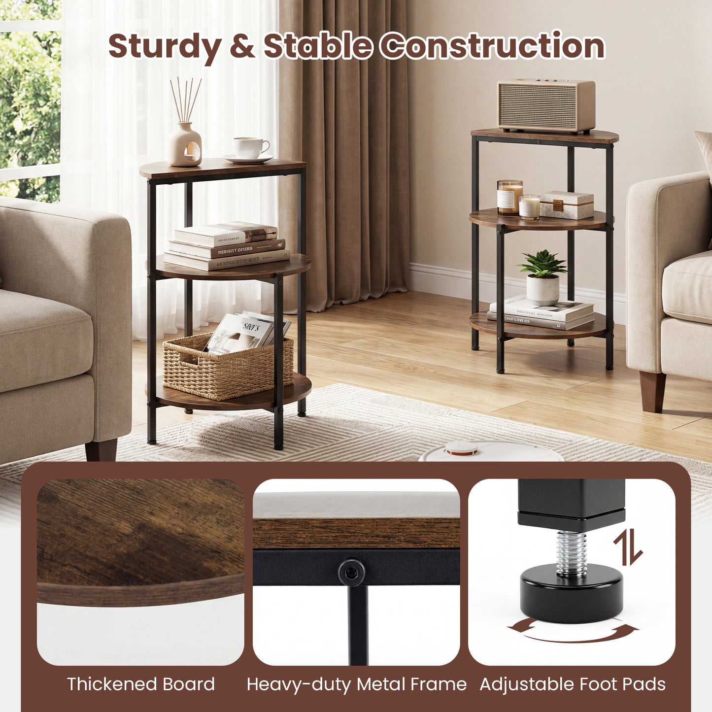 3-Tier Round Side Table with Storage Shelves and Metal Frame for Small Spaces-Rustic Brown
