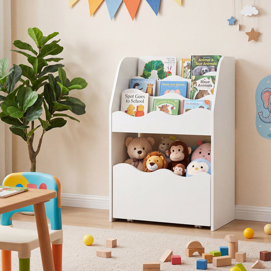 3-Tier Wooden Kids Book Shelf with Large Rolling Storage Drawer and Anti-Toppling Devices-White