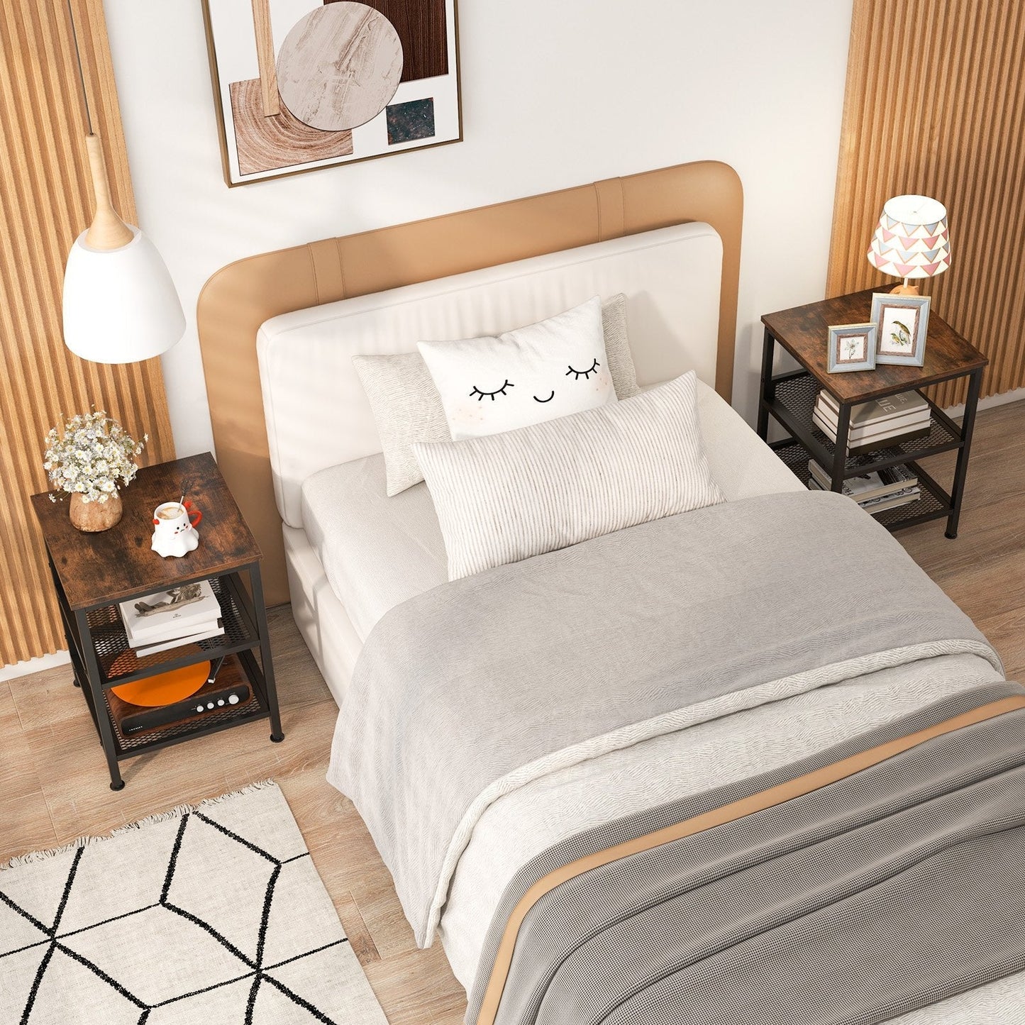 3-Tier End Table with 2 Mesh Storage Shelves for Living Room-Coffee