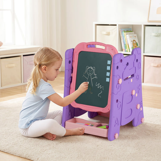 3 in 1 Art Easel for Kids Double Sided Magnetic Board Chalkboard and Whiteboard-Pink